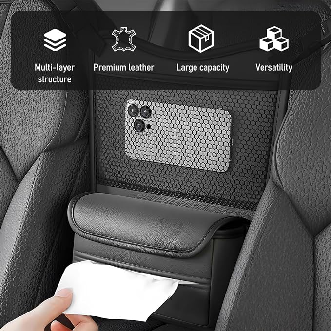 Car Organizer Storage Between Seats, Nappa Leather Front Seat Storage Bag with Tissue Holder, Automotive Console Hanging Net Pocket Handbag Holder for Phone Document (Gray) - Image 5