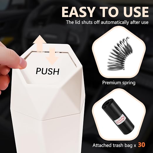 Car Trash Can with Lid, Leakproof, 30 Trash Bags, Beige, 2 Pack | Small Garbage Can for Car, Car Accessories for Interior, Multipurpose Organizers and Storage Solutions for Home, Office - Image 2