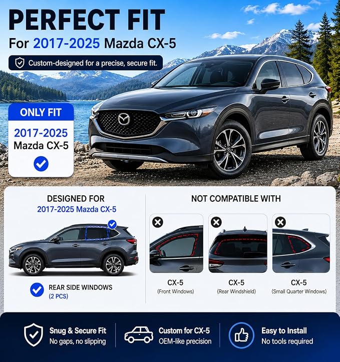 Car Window Shades for 2017-2025 Mazda CX-5 Rear Side Window Mesh Sun Shade | Rear Side Window Sunshade, Breathable Privacy Window Covers, UV Protection & Heat Insulation, for Baby Camping Napping, 2PCS - Image 5