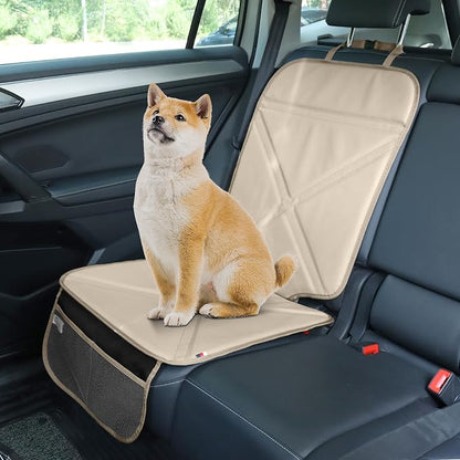 Viaviat Car Seat Protector Leather Waterproof Child Safety Seat Protector Cover with Thick Pad and 2 Large Pockets Durable Kick Mat for All Auto Seat (Beige) - Image 3