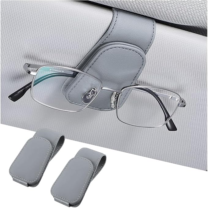 AICEL 2PCS Sunglasses Holders for Car Sun Visor, Magnetic Clip, Light Gray | Leather Eyeglasses Hanger Mounter, Magnetic Glasses Holder and Ticket Card Clip, Car Accessories, Universal Fit by AICEL