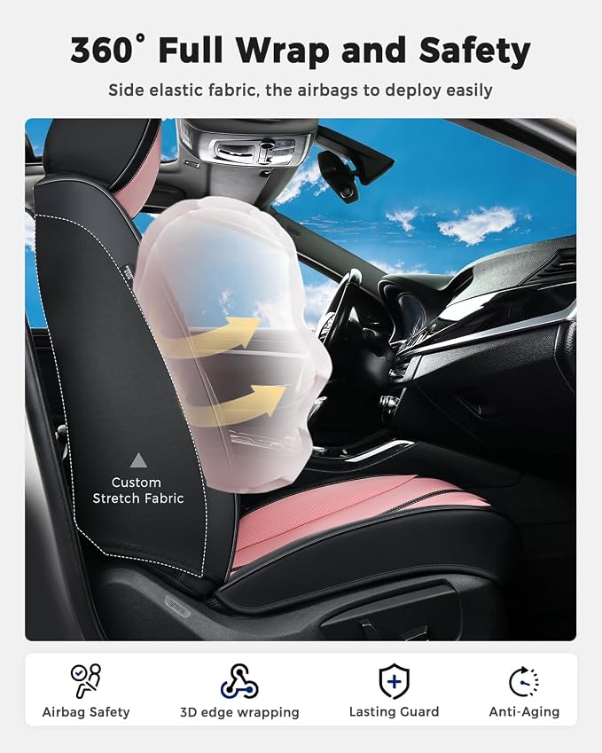 Huidasource Car Seat Covers Front Seats, Luxury Faux Leather Front Seat Covers, Compatible with Airbags, Seatbelt Buckles, Cooling＆Heating, Universal Fit for Most Cars, Vans, Trucks, SUVs, Black＆Pink - Image 3