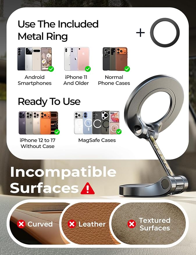 LISEN for MagSafe Car Mount, Magnetic Phone Holder for iPhone, Carbon Fiber | Super Compact Foldable Phone Holder for Car, 24 Strong Magnets Power for iPhone 12-17 Series, Classic 3M Adhesive No Residue - Image 8