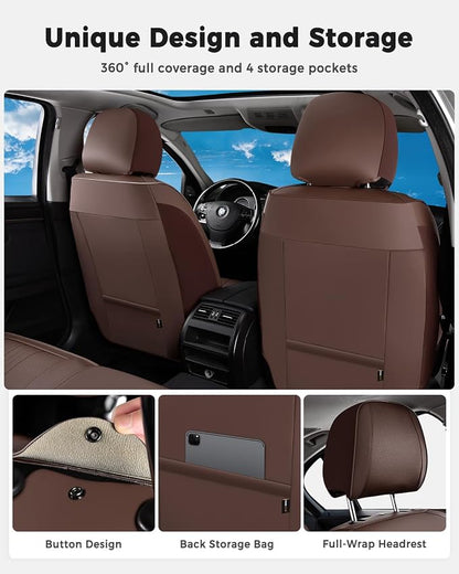 Huidasource Coffee Seat Covers, Luxury Faux Leather Car Seat Cover, Velcro Adjustable, with Airbags, Child Seat, Perforation Cooling＆Heating, Universal Fit for Most Cars, Vans, Trucks, SUVs, Coffee - Image 5