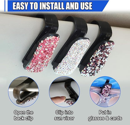 2PCS Bling Sunglass Holder for Car Sun Visor, Crystal Rhinestone Car Eyeglasses Hanger Mount with Ticket Card Clip, Fashion Auto Visor Decoration Accessories for Women Girls (Purple) - Image 5