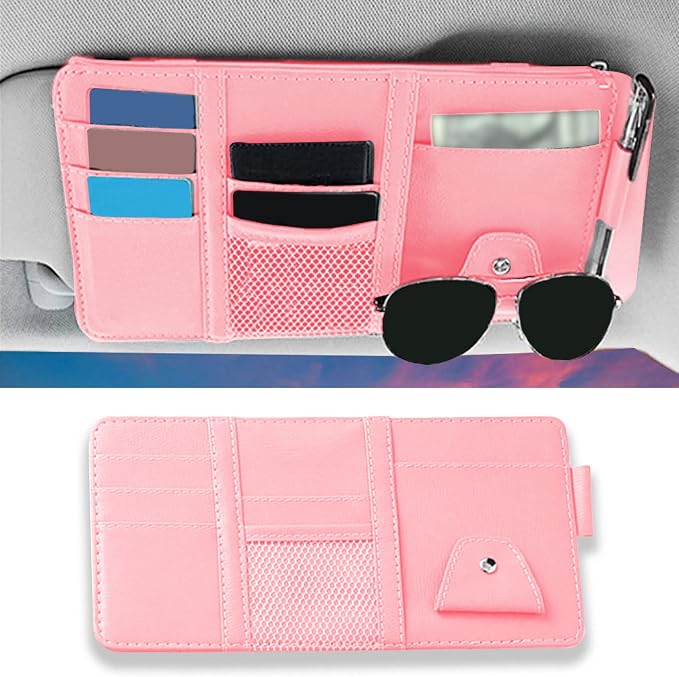 Car Sun Visor Organizer, 1 Pack Sunglasses Holder for Car Sun Visor, Auto Interior Accessories Pocket Organizers Can Store Sunglasses, Documents, Cards, Pen, Drivers License (Pink) | Auto Interior Accessories Pocket Organizers Can Store for Sunglasses,... by DWARFOO
