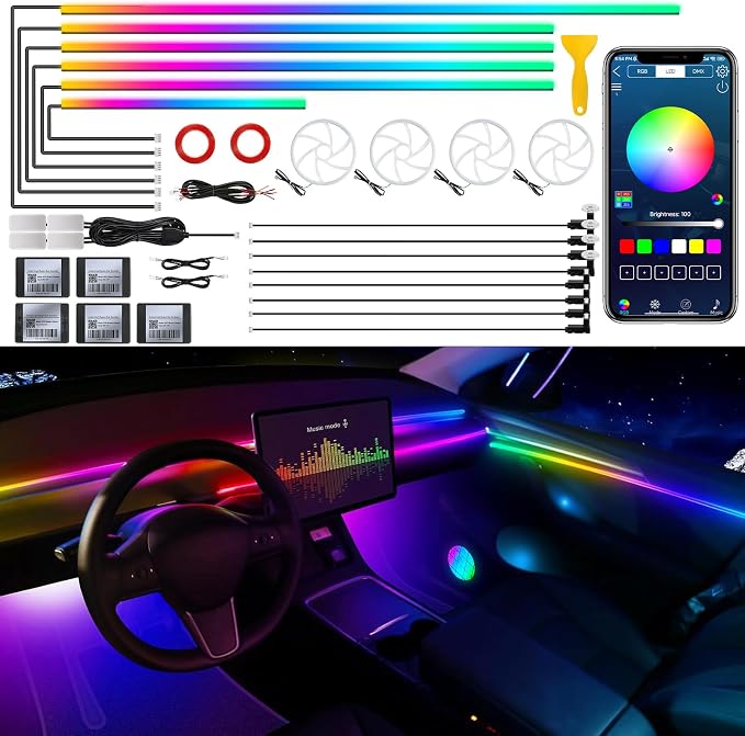 Dreamcolor Acrylic Interior Car LED Strip Light with Wireless APP, RGB 22 in 1 with 175 inches 600 LEDs Fiber Optic Ambient Lighting Kits, Dynamic Chasing Music Sync Neon LED Strip for Car Accessories by MAODANER