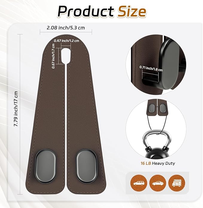 Car Seat Headrest Hooks, 2PCS Universal Car Purse Hook Leather Car Bag Hook | Brown Car Bag Purse Holder with Double Metal Hooks for Handbags, Grocery Bags, Bottles, Phones - Image 6
