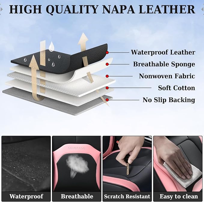 Coverado Car Seat Covers Full Set, Waterproof Nappa Leather Seat Covers for Car, Car Seat Protector with Lumbar Support, Automotive Seat Covers Universal Fit for Most Cars SUV Trucks, (Black&Pink) - Image 7