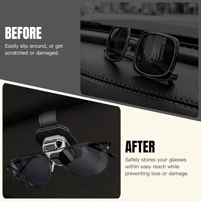 2PCS Sunglass Holder for Car Visor, Faux Leather Eyeglass Holder Clip for Car Sun Visor Organizer, Universal One Handed Operation Sun Glass Hanger, Car Interior Accessories for Women Man - Image 3