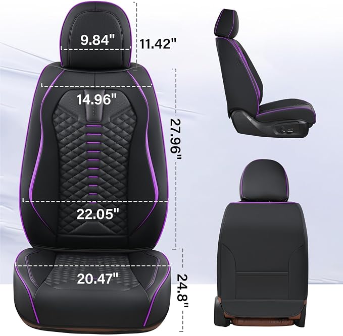 Coverado Leather Seat Covers, Car Seat Covers Full Set, Nappa Leather Seat Covers for Cars, Car Seat Protectors Waterproof, 5 Seats Black&Purple Automotive Seat Covers Fit for Most Cars Trucks - Image 7