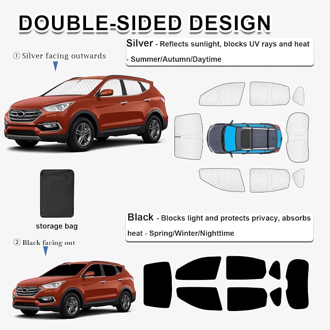 KMF 8pcs Thicken Full Car Window Shades for Hyundai Santa Fe Sport 5 Seats Accessories 2013-2018(Not LWB), Windshield Sunshade Window Covers for Side Rear,UV Block and Blackout Privacy for Camping - Image 4