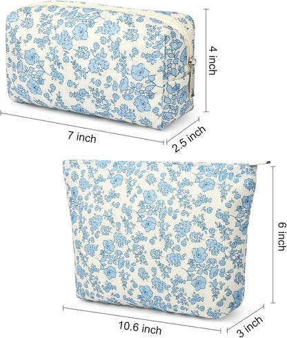 SOIDRAM 2 Pcs Makeup Bag Large Cosmetic Bag Toiletry Bag Makeup Pouch Travel Bag Organizer Cute Makeup Brushes Aesthetic Accessories Storage Bag for Women Blue Floral - Image 4