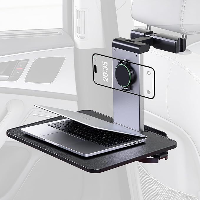 Back Seat Car Tray & Car Desk for Laptop, Wood Cup Holder Table Aluminum Cantilever Laptop Mount for Vehicle,Steering Wheel Tray Fits for Tesla Model Y/3/S Camry Forester F150 Tundra&Most Vehicles by Treesiche