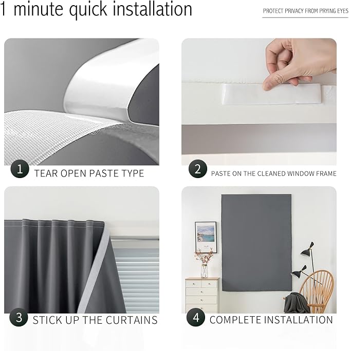 Blackout Curtains with Self Adhesive Tape No Rod No Drill Easy Install Window Cover for Bedroom Kitchen Dorm 46" W x 71" L Grey 1 Panel - Image 3