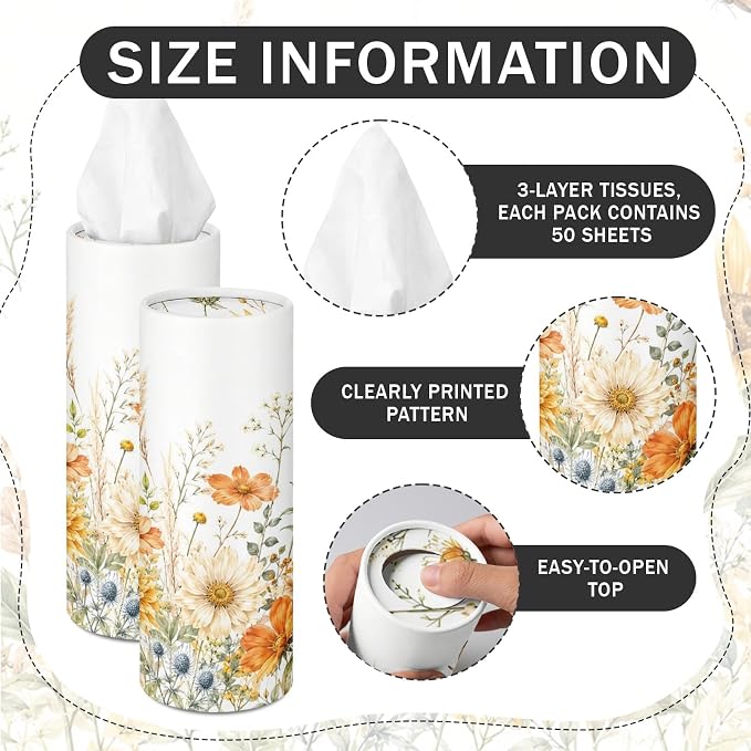 Arttown Car Tissue Holder for Cup Holder Facial Tissues 12 Pack Golden | Floral Bulk 3-Ply,Refillable Marble Print Cylinder Tissue Boxes,Fit Car Home Office School (600 Sheets Total,50 Sheets Each) - Image 3