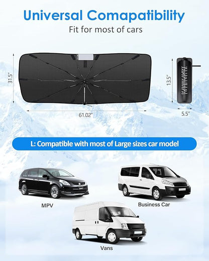 [2025 Upgrade] Windshield Sun Shade Umbrella, Foldable Car Sun Shade with Vinyl Coating Heat Shield UV Ray Reflector Keeps Cool and Protect Interior, for Auto Trucks Sedan SUV (61" x 31") - Image 7