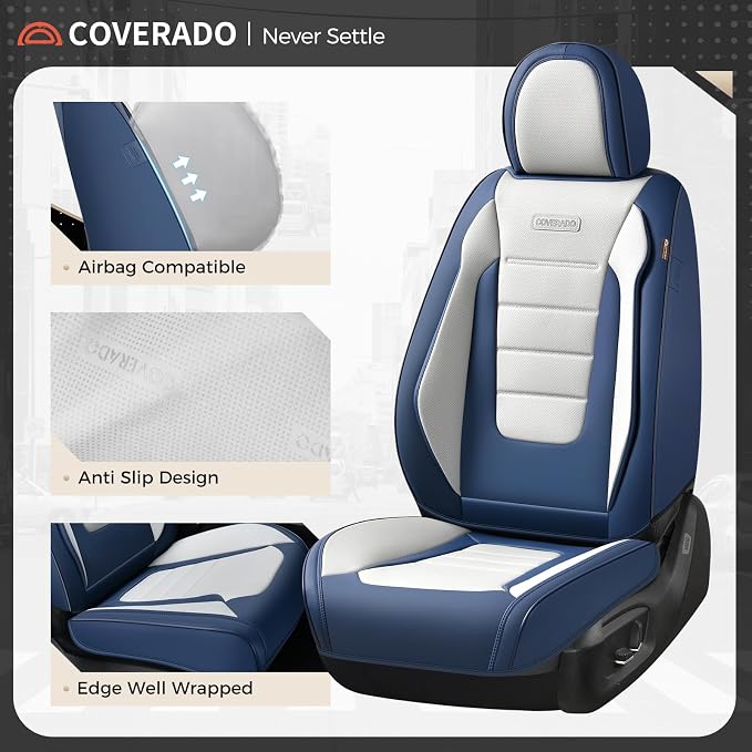 Coverado Car Seat Covers Full Set, Nappa Leather Seat Covers for Cars, Car Seat Protector Car Seat Cushion, Front and Back Seat Protectors Cushions Universal Fit for Most Cars Vehicles(Blue&White) - Image 7
