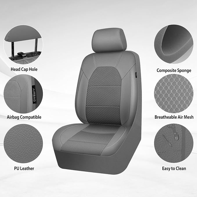 CAR PASS Leather Car Seat Covers Breathable Seat Cover Full Sets Airbag Compatible for Most Cars, SUVs, Trucks, and Vans (Full Set, Gray) - Image 8
