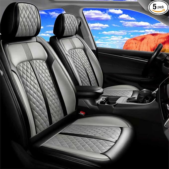 Fit Palisade Car Seat Covers for Select Hyundai Palisade 2000-2026 - Premium Full Coverage Leather, Airbag Compatible, Waterproof & All Weather Seat Cushion Protector, 5 Seats, Black+Gray by FiveFox