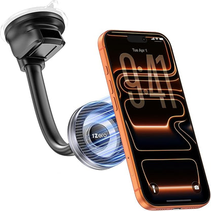 MagSafe Car Phone Mount with One-Button Suction Cup Lock | Strong Suction Cup with One-Button Lock Mounts to Dashboard or Windshield; Fits Iphone 12-17 and MagSafe-Compatible Phones by 1Zero