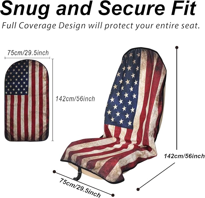 Sweat Towel Car Seat Cover Protector Front Seats for Gym Workout, Running, Swimming, Beach and Hiking, Waterproof Universal Seat Cover for Car, Trucks, Van & SUV (2, American Flag, Front) - Image 2