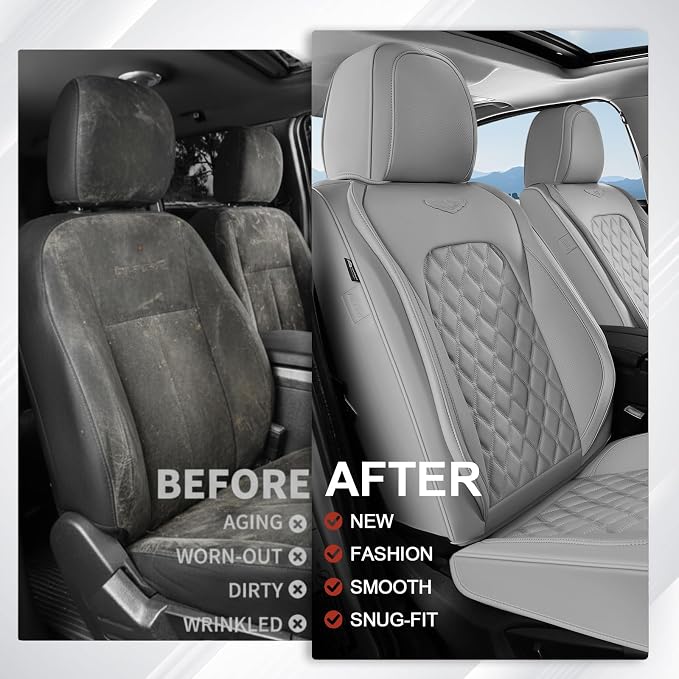 Coverado Full Set Car Seat Covers, Luxury Faux Leather Waterproof Seat Covers, Gray Car Seat Protectors, Universal Fit, Leather Seat Cushions for Cars-Gray - Image 9