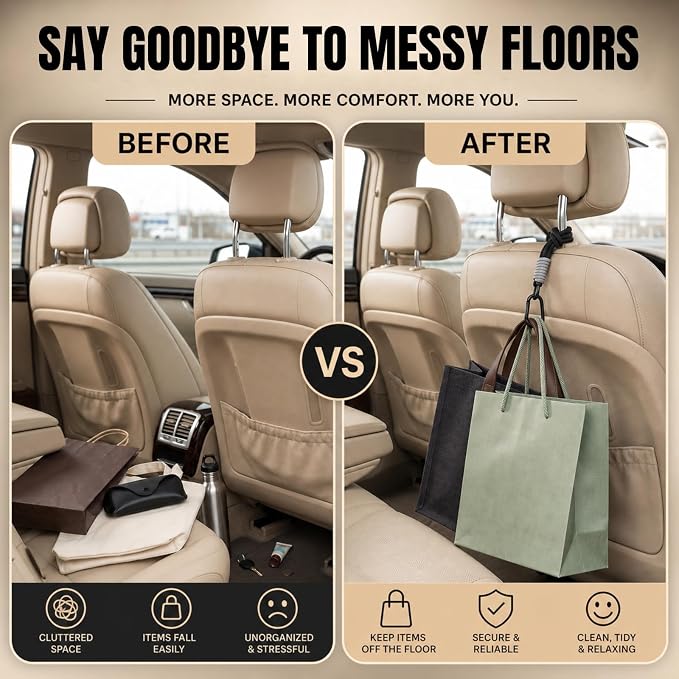 BBTO 8 Pack Car Headrest hooks 360° Rotating Braided Heavy Duty Backseat Organizer Hangers with Straps Clip Purse Holder Fit Most Vehicles Shopping Trash Bags Backpacks Umbrellas Black - Image 5