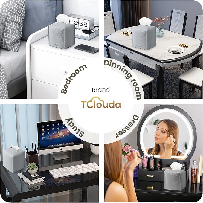 Tissue Box Cover, Tclouda, Modern PU Leather Square Tissue Box Holder for Creative Decorative, Ideal for Bathrooms/Office/Car/Nightstand/Outdoor Tent/Dining Table, 5"X5"X5", Single Gray - Image 4