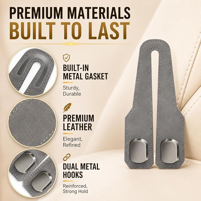 4 Pack Car Headrest Hooks, Dual Metal Hooks, Stylish Gray | Premium leather with dual metal hooks and anti-drop design. Holds purses, bags, coats, and groceries securely. - Image 2