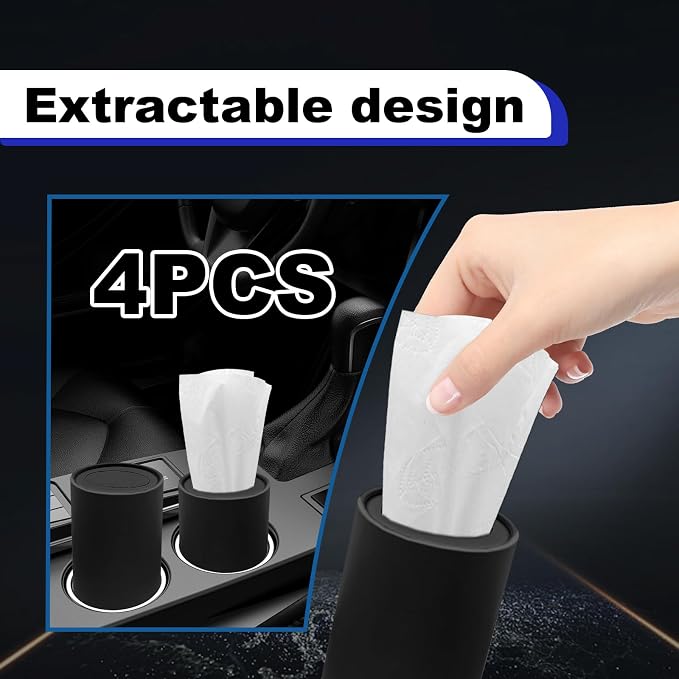 4PCS Car Tissue Holder, Pull Out Cars Tissue Holder, Refillable Tissues Cylinder Travel Tissue Tubes Box Container Multifunctional Car Tissue Box Fits for Cup Holder Round (Black) - Image 4