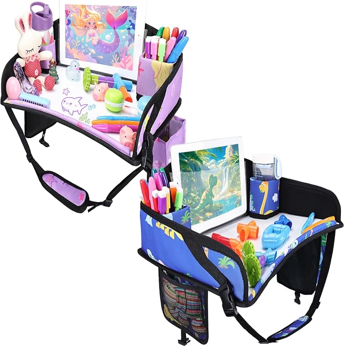 Kids Travel Tray for Toddler Car Seat, Road Trip Activities for Kid | Toddler Car Activities with No-Drop iPad Holder Stand, Roadtrip Essentials with Dry Erase Board & Cooler Cup Holder, 2PC by WENRENER