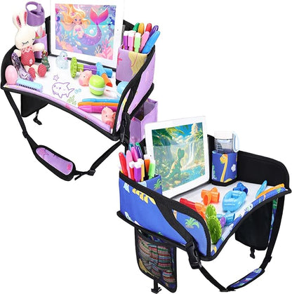Kids Travel Tray for Toddler Car Seat, Road Trip Activities for Kid | Toddler Car Activities with No-Drop iPad Holder Stand, Roadtrip Essentials with Dry Erase Board & Cooler Cup Holder, 2PC by WENRENER