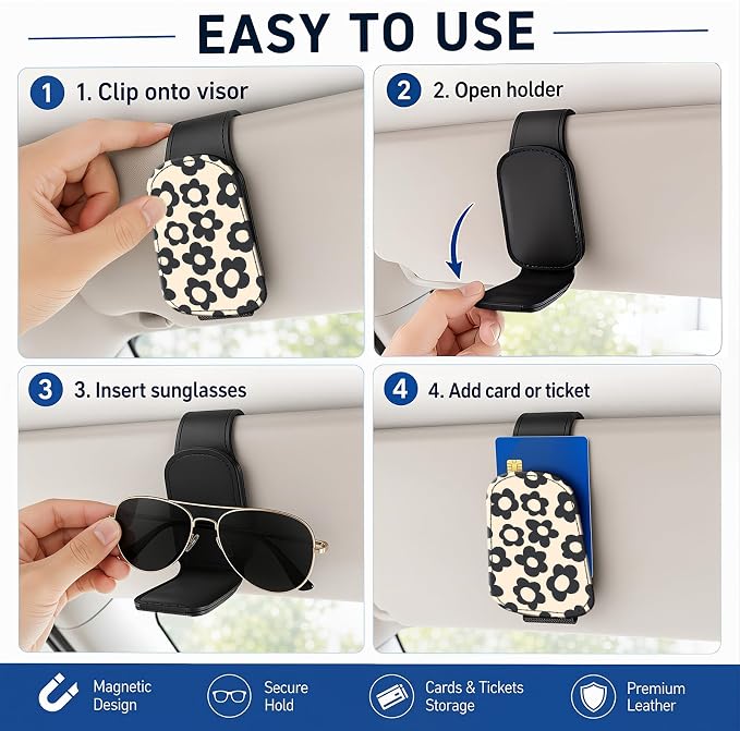 Leather Magnetic Sunglass Holder for Car Sun Visor, Cute Eyeglass Ticket Card Hanger Clip, Universal Auto Interior Accessories for SUV Pickup Truck, Beige Flower - Image 5