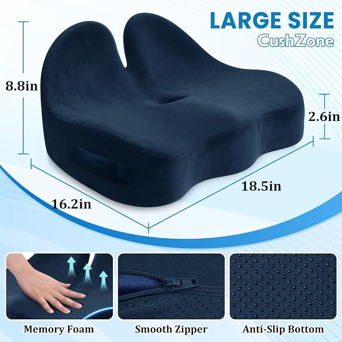 CushZone Ergonomic Seat Cushion, Sciatica Support for Office Chair, Blue | Large Size for Sciatica & Hip & Tailbone Pain Relief, Memory Foam Office Chair Cushion for Car, Long Trip, Desk Chair, Lab - Image 2