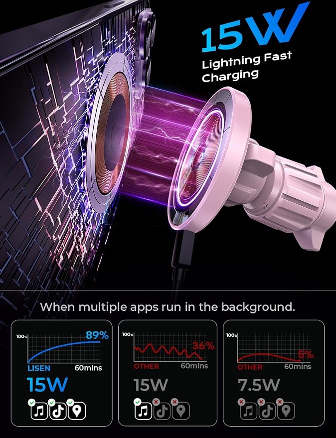 LISEN 15W MagSafe Car Mount Charger,[Light Pink] Magnetic Wireless Car Charger, Dashboard & Air Vent Car Phone Mounts, Car Phone Holder for iPhone 17-12, Samsung, Pixel, Cute Car Accessories for Women | [Light Pink & Purple LED light] Magsafe Car Mount... - Image 5