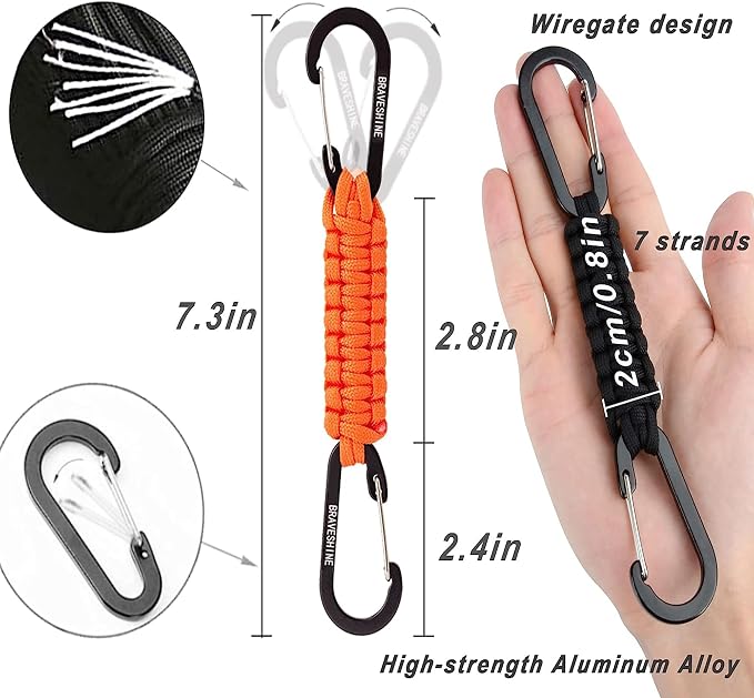 BRAVESHINE Paracord Keychain Carabiner Clip | D Ring Hanger Lanyard Hook | 7.3inch Long | for Stroller, Water Bottle, Key, Backpacks, Men, Women, Luggage, Car Seat Headrest, Fence, Bag Charms - Image 2