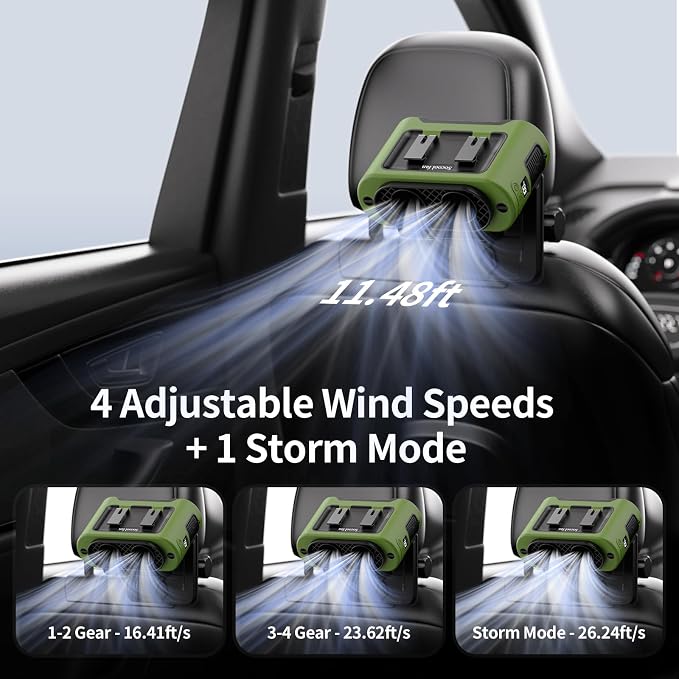 Socool 14500mAh Portable Car Fan Rechargeable Battery Opearated, Clip on Car Seat Headrest 360 Rotatable, 5-Speed Backseat Fans for Baby Rear Facing Cooling with Dual Air Outlets for SUV RV Truck - Image 3