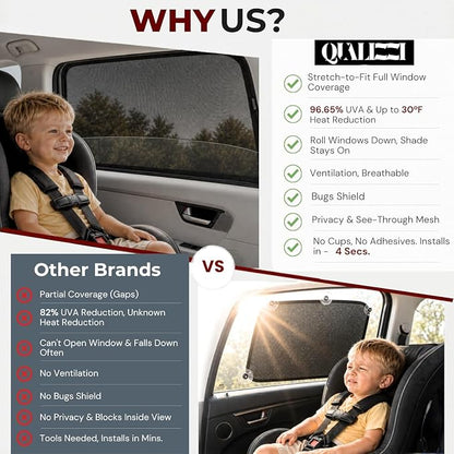 SM/RL Car Window Shades for Baby & Camping; 2-Pack/8 Sizes. Stretch-to-Fit Up to H:24" x W:39" Rear Windows. Blocks 96.25% UV Tested, Breathable Full-Coverage Mesh Bug Screens | Qualizzi® - Image 6