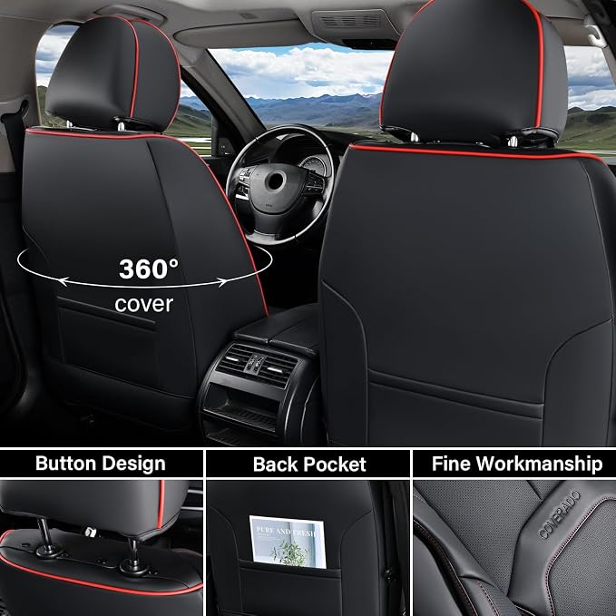Coverado Car Seat Covers Full Set, Premium Nappa Leather Seat Covers for Car, Waterproof Car Seat Protector with Lumbar Support, Car Seat Cover Universal Fit for Most Cars SUV Truck(Black&Red) - Image 2