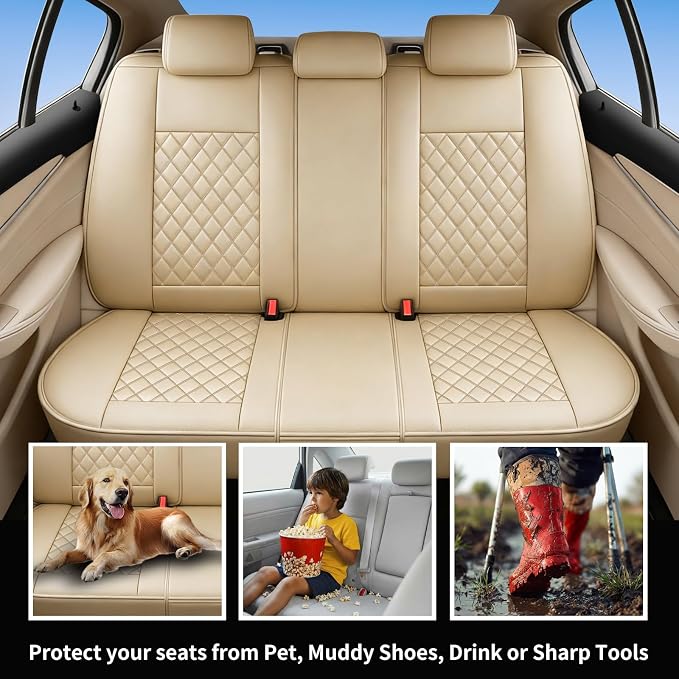 Seat Covers Fit for GMC Sierra 1500/2500/3500 HD 2007-2025,Premium Leather, Waterproof, All-Weather, Airbag Compatible, Breathable, Only 2 Front seat Covers, Beige - Image 3