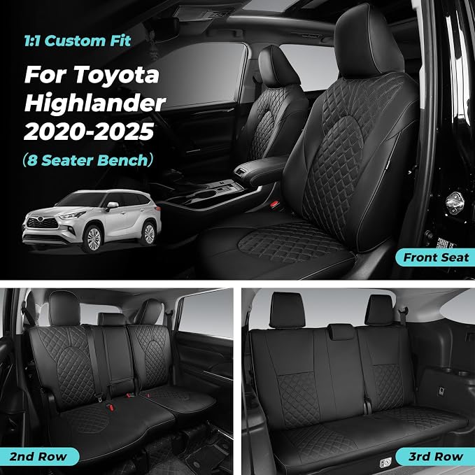 Custom Seat Covers for Toyota Highlander 2020-2024 8 Seats Black | faux leather, 2nd row 40/60 split bench, waterproof, breathable, airbag compatible, stain resistant, easy install - Image 6