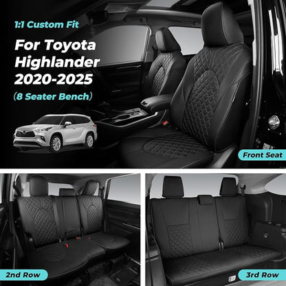 Custom Seat Covers for Toyota Highlander 2020-2024 8 Seats Black | faux leather, 2nd row 40/60 split bench, waterproof, breathable, airbag compatible, stain resistant, easy install - Image 6
