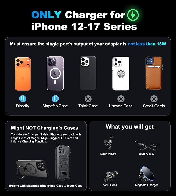 BHHB for iPhone 17 Magsafe Car Mount Charger, [2026 New] 15W 2in1 Magnetic Wireless Car Charger, fits for Magsafe Car Charger, Vent/Dashboard Phone Holder Mount for iPhone 17 16 15 14 13 12 Series - Image 2