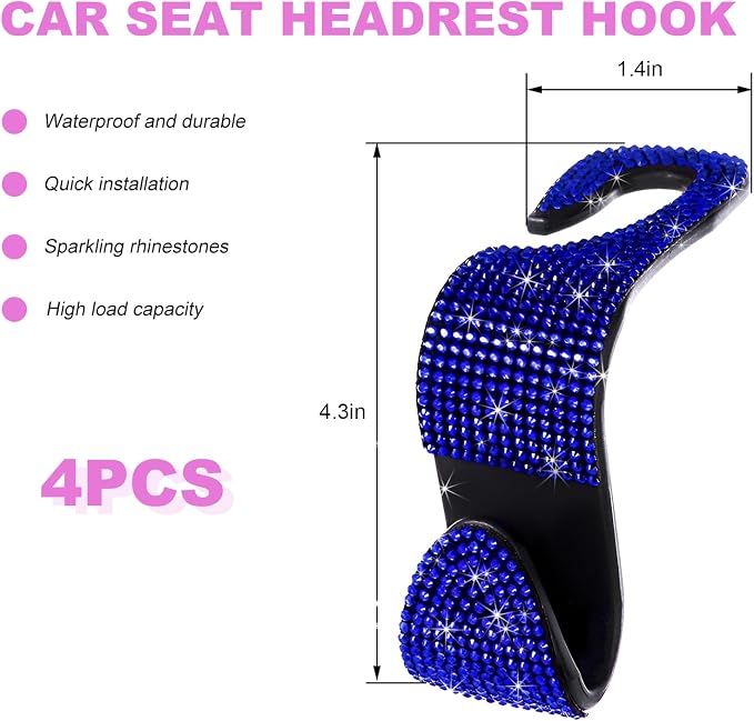 4 PCS Bling Car Seat Headrest Hooks, Rhinestone Vehicle Backseat Storage Hanger Backpack Hook, Sparkly Multi-Functional Headrest Purse Holder for Car Truck SUV RV (Blue) - Image 2
