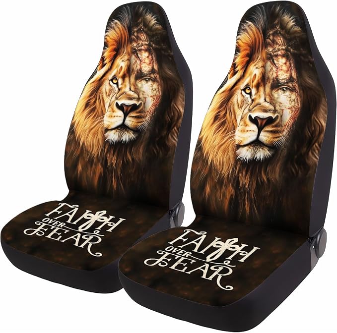 GENANY Crowned Lion Car Seat Covers, 2-Piece Front Seat Set | 2-piece polyester front seat cover set, each 35 x 21 x 21 inches, with adjustable straps and hooks - Image 2