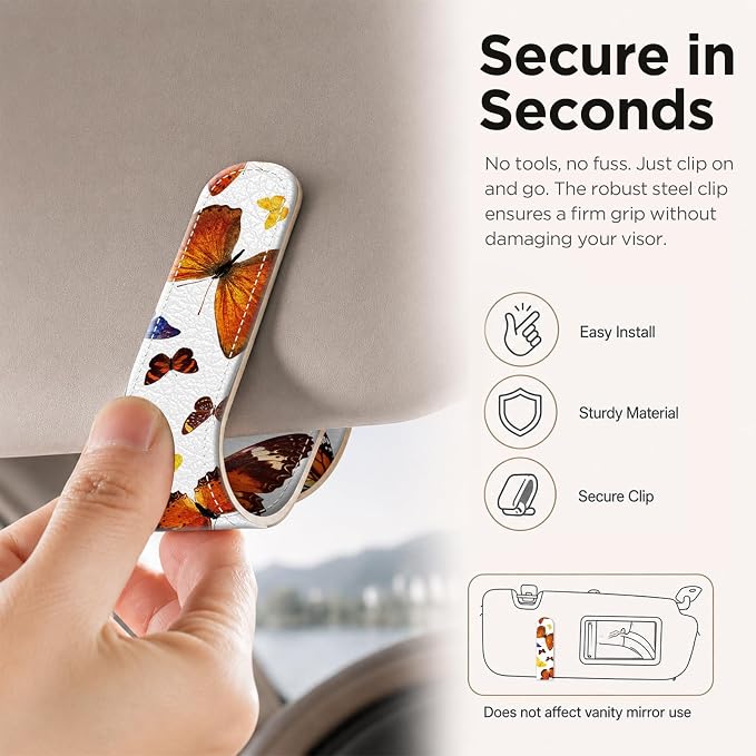 Sunglasses Holder for Car Visor, PU Leather Glasses Clip Organizer, Cute Magnetic Eyeglass Holder for Vehicle Sun Visor, Car Interior Accessory for Women & Men, Colorful Butterfly - Image 4
