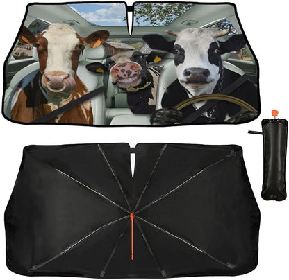 Socira Cow Car Windshield Sunshade Umbrella Foldable Cattle Umbrella | Driver Sun Shade Windshield Cover Funny Sunshade Cow Car Accessories Blocks Uv Rays Keeps Cool (57" X 30") - Image 2