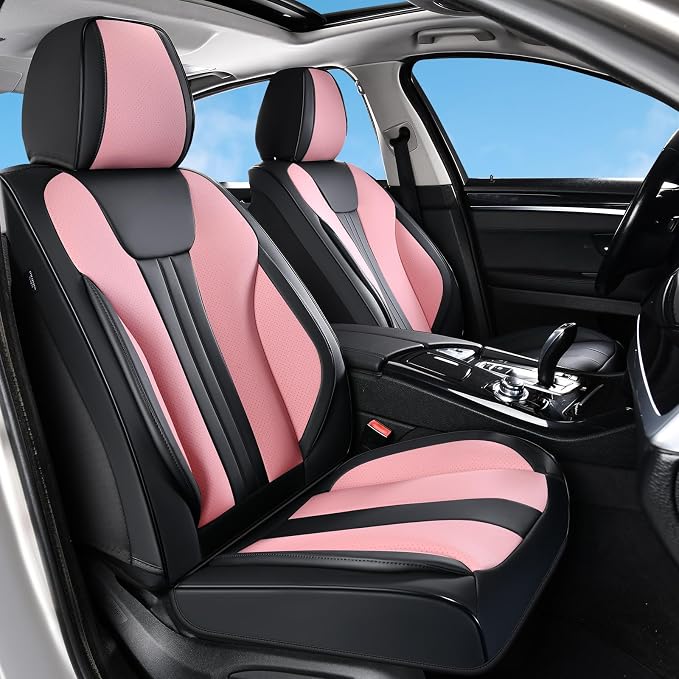 Huidasource Full Set Car Seat Covers, Premium Waterproof Faux Leather, Universal Fit for Most Cars, SUVs & Trucks, Airbag Safe, Quick to Install, Black & Pink - Image 2