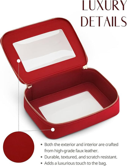 Clear Makeup Bag with Zipper, Women Travel Toilrty Bag Red Medium | Structured Clear Cosmetic Case, Car Essential Organizer Bag, Waterproof PU Leather, Dual Zipper, Wide Opening and Compact - Image 4